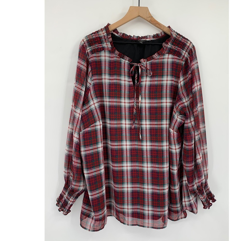 Talbots Shirt Womens 3X Petite Red Plaid Long Sleeve Chiffon Christmas Holiday